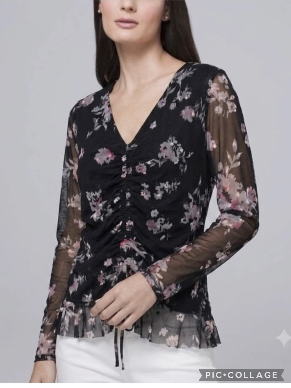I.N.C. Black Floral Mesh Ruched Center Top L Cottagecore